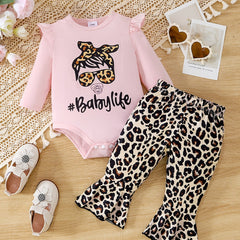 Leopard Letter Print Baby Set Long Sleeve Romper Flare Pants 2pcs