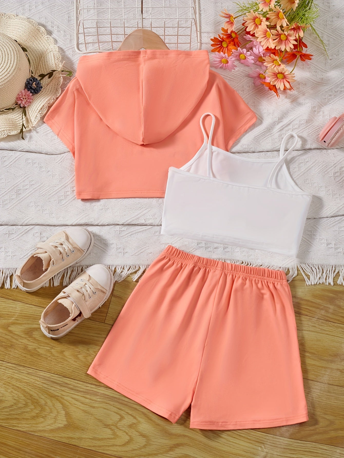 Girl's 3pcs Hooded T shirt & Camisole & Shorts Set CALIFORNIA Patched