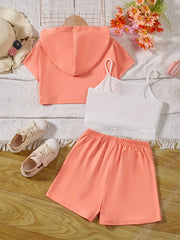 Girl's 3pcs Hooded T shirt & Camisole & Shorts Set CALIFORNIA Patched