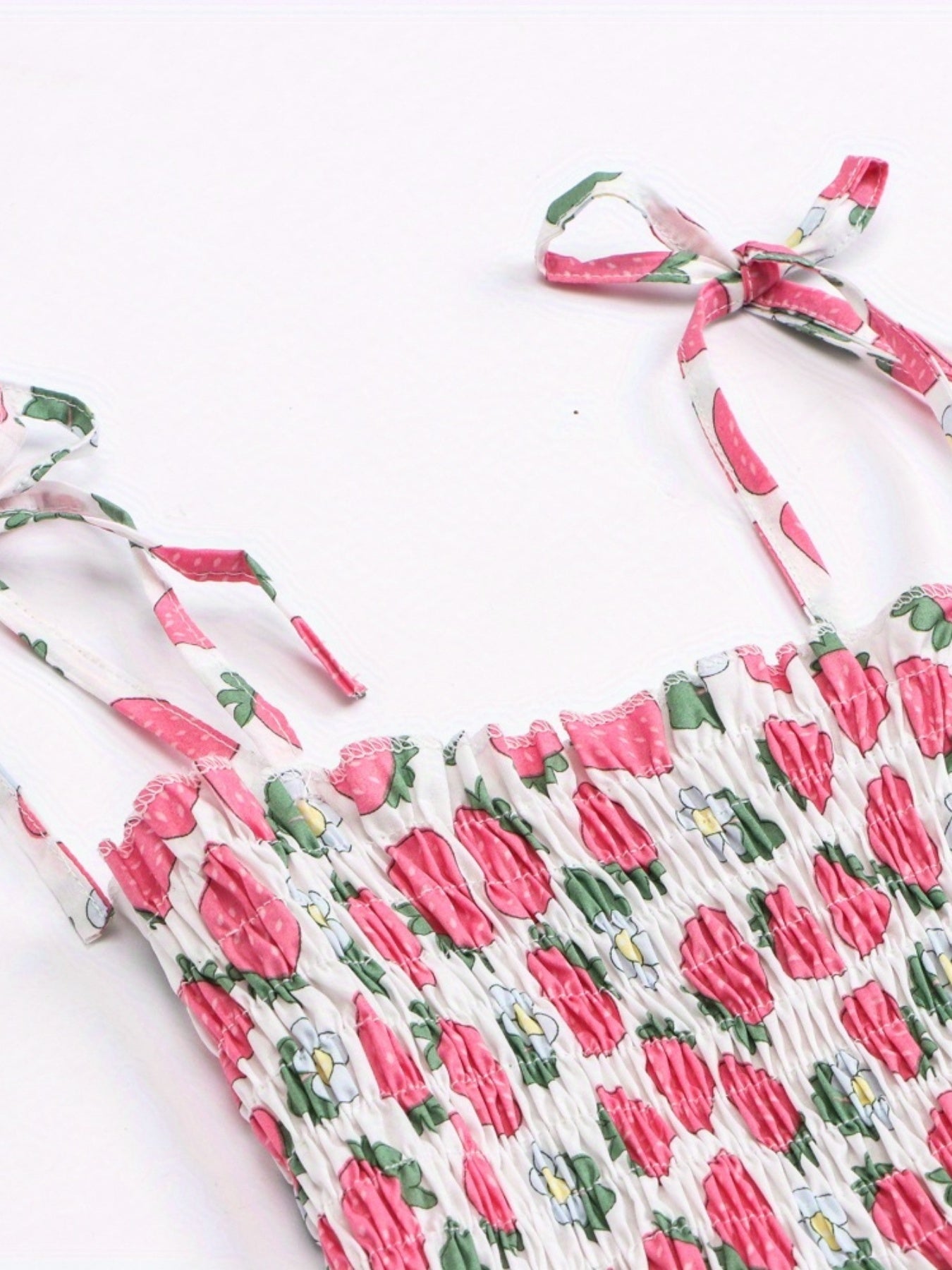 Toddler Girls Strawberry Fruit Graphic Frill Trim Shirred Bow Shoulder Princess