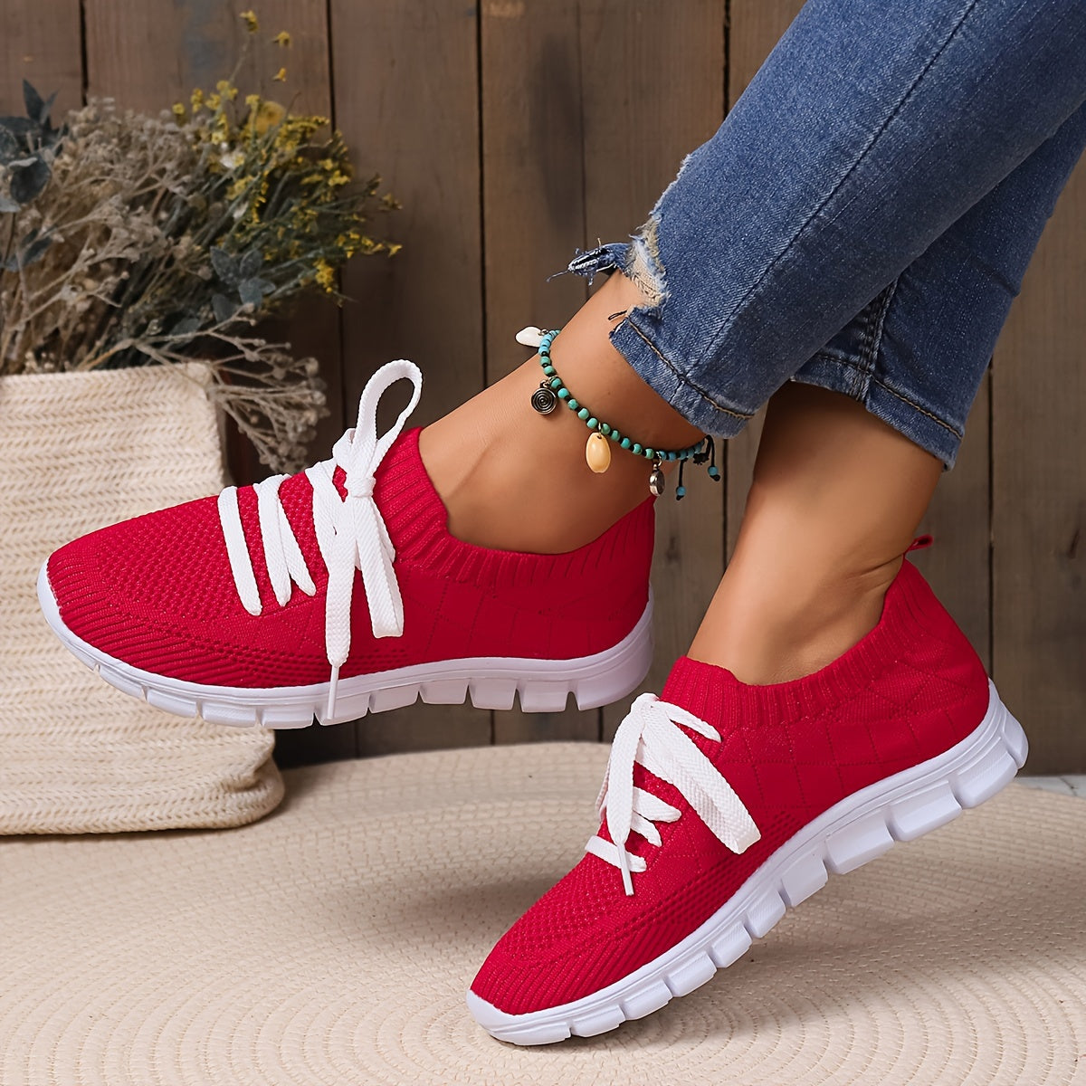 Women's Lightweight Red Running Shoes Anti-slip Sneakers