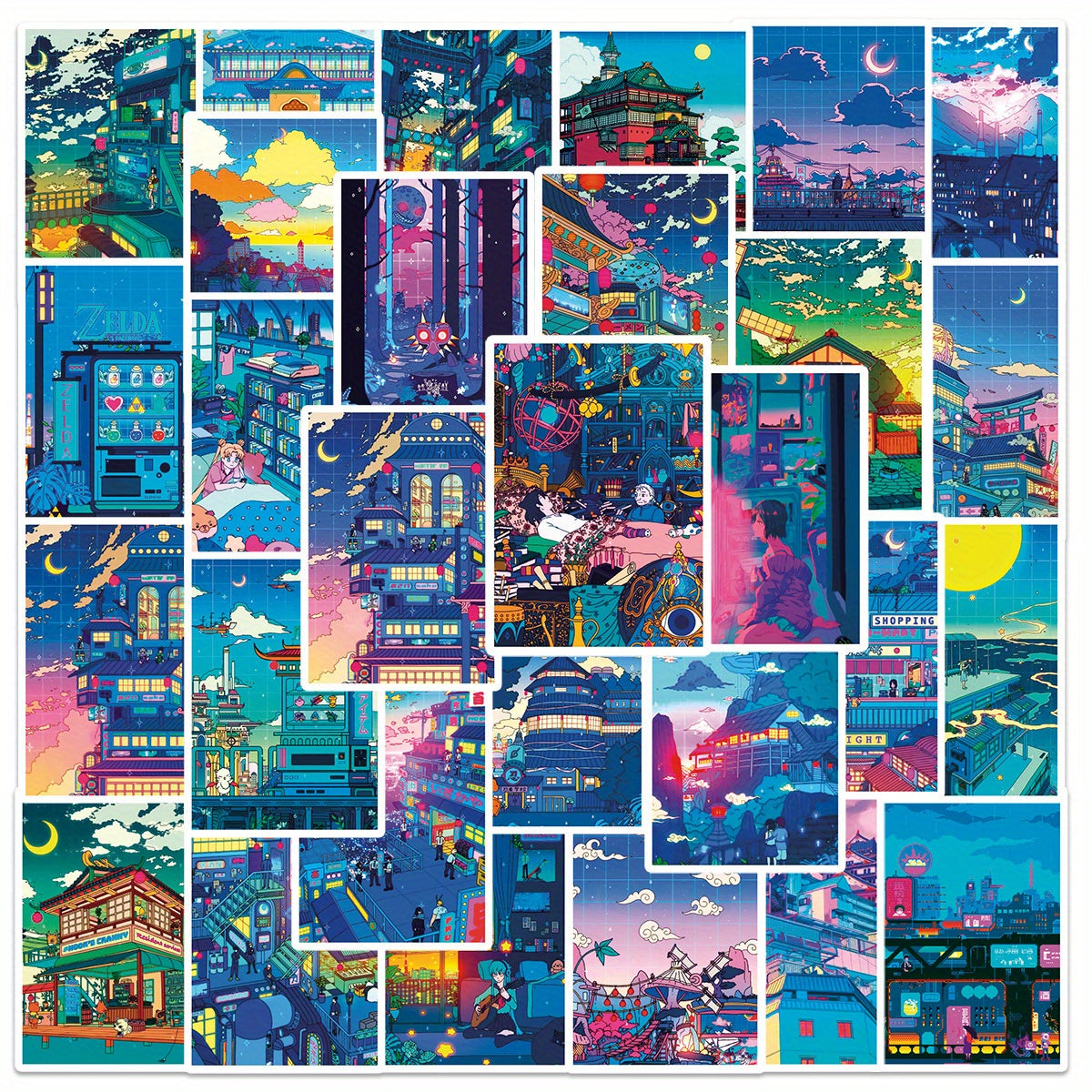 50pcs Anime Street Night View Doodle Stickers Waterproof Decals DIY Fun