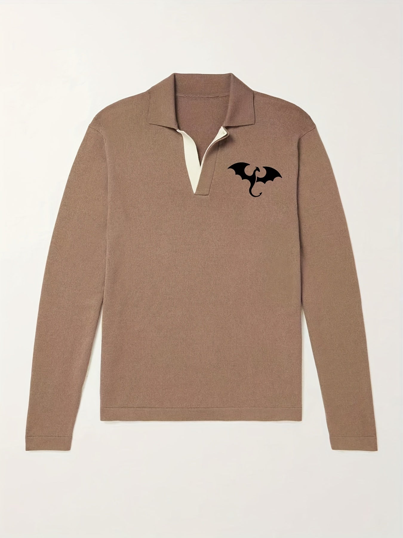 Dragon Pattern Knit Polo Shirt Men's Casual Lapel Middle Stretch V Neck Pullover