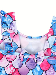 Girls Mermaid Fish Scale Print One Piece Swimsuit Sleeveless Camisole Dress