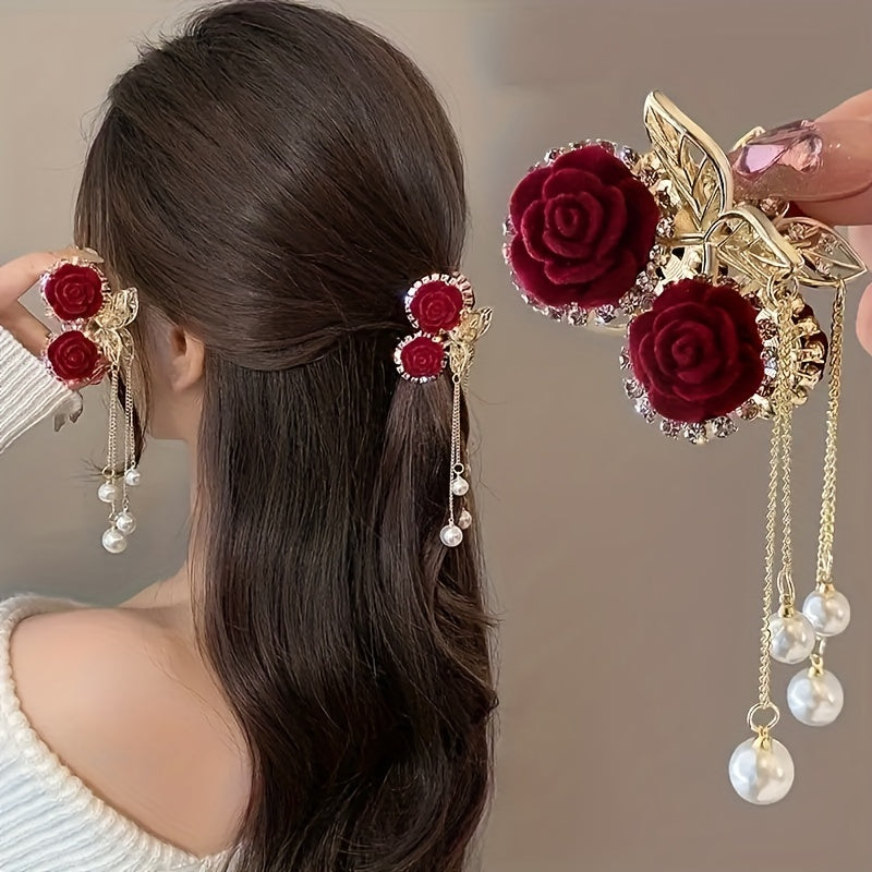 Red Rose Cherry Tassel Hair Clip - Small Flocking Ponytail Accessory