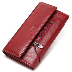 HUMERPAUL Leather Travel Wallet Long Wallet Zipper Closure Red