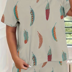 Feather Print Casual Loungewear Set Plus Size Tee & Shorts Pajama Two Piece