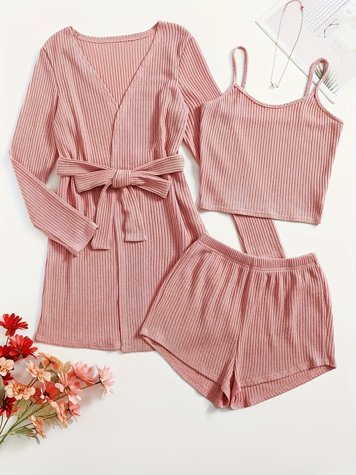 Ribbed Knit Lounge Set: Cami Top, Shorts & Bathrobe Pajama