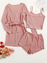 Ribbed Knit Lounge Set: Cami Top, Shorts & Bathrobe Pajama