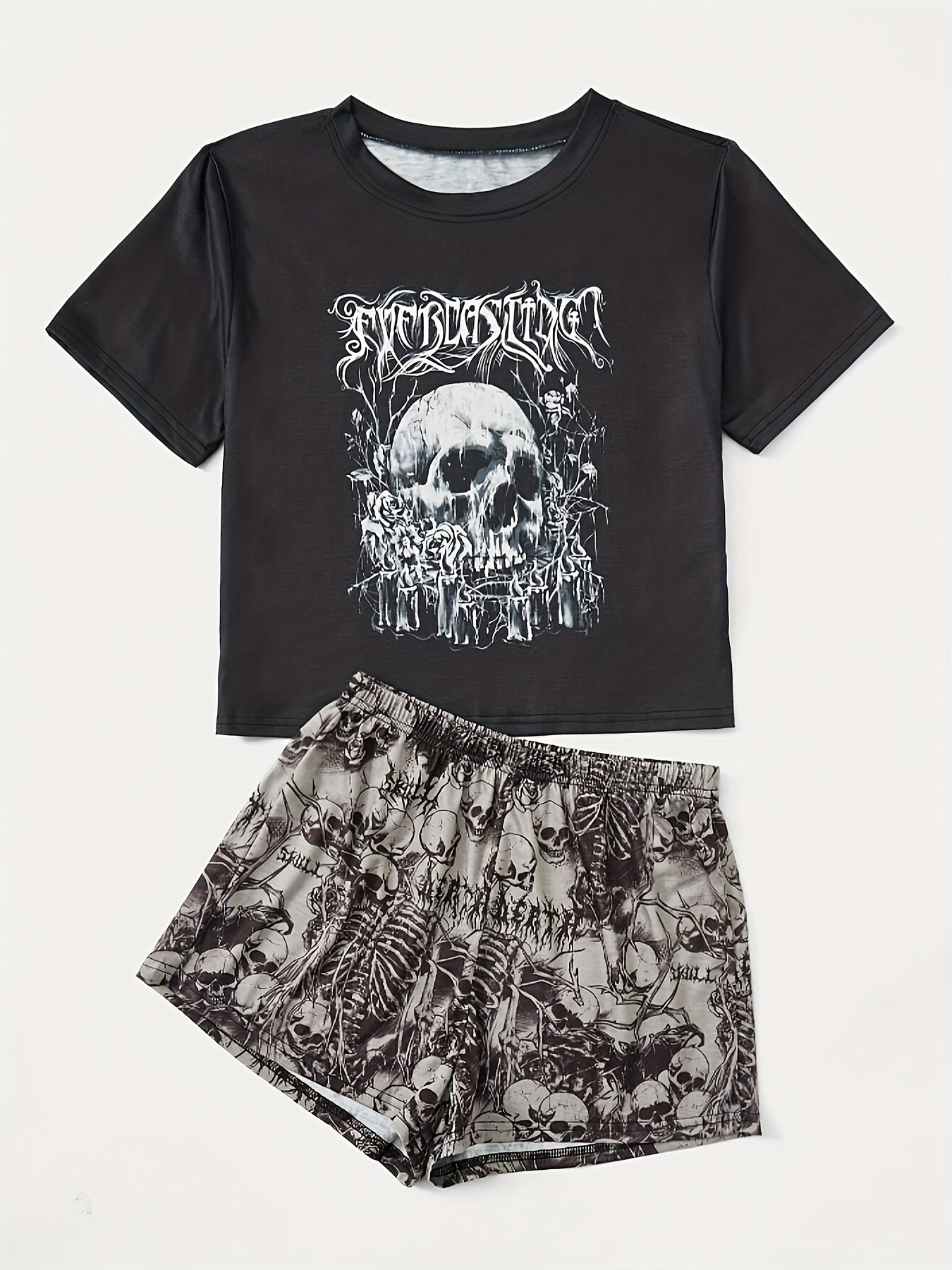Skull Print Lounge Set Short Sleeve Top & Shorts Women's Loungewear