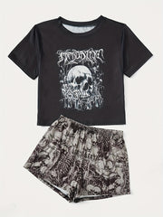 Skull Print Lounge Set Short Sleeve Top & Shorts Women's Loungewear