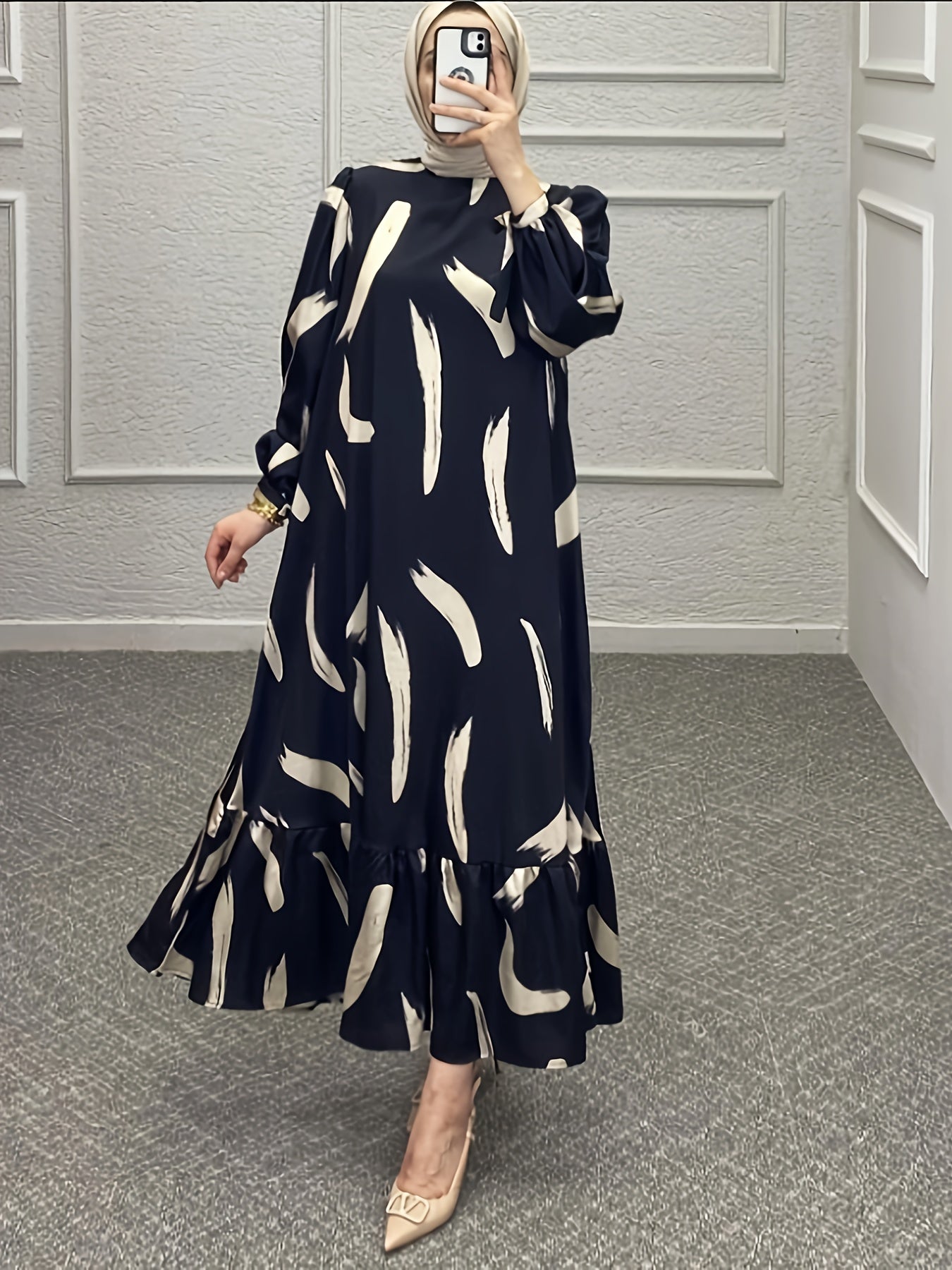 Kaftan Dress Women's Plus Brush Print Lantern Sleeve Ruffle Trim Maxi