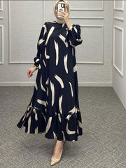 Kaftan Dress Women's Plus Brush Print Lantern Sleeve Ruffle Trim Maxi