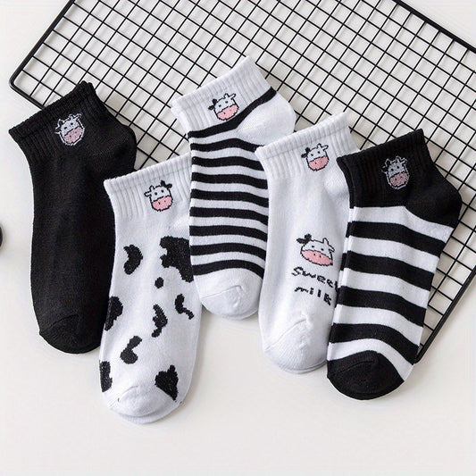 5Pairs Girls Cartoon Cow Print Cotton Blend Ankle Socks for Spring