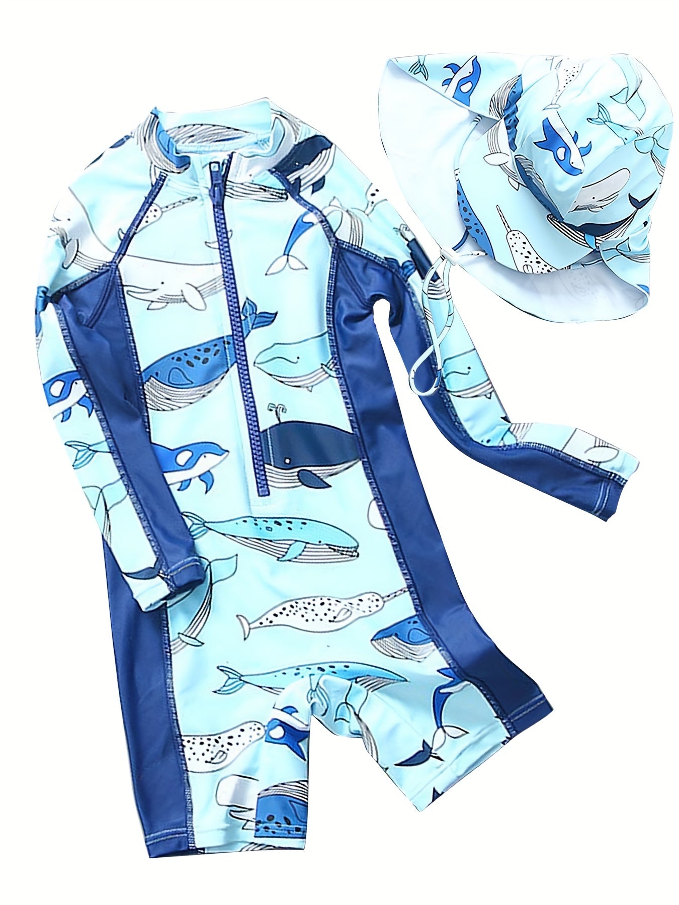 Boy's Whale Graphic One Piece Swimsuit Short Sleeves Zip Up Swimwear