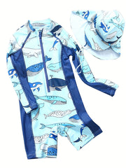 Boy's Whale Graphic One Piece Swimsuit Short Sleeves Zip Up Swimwear