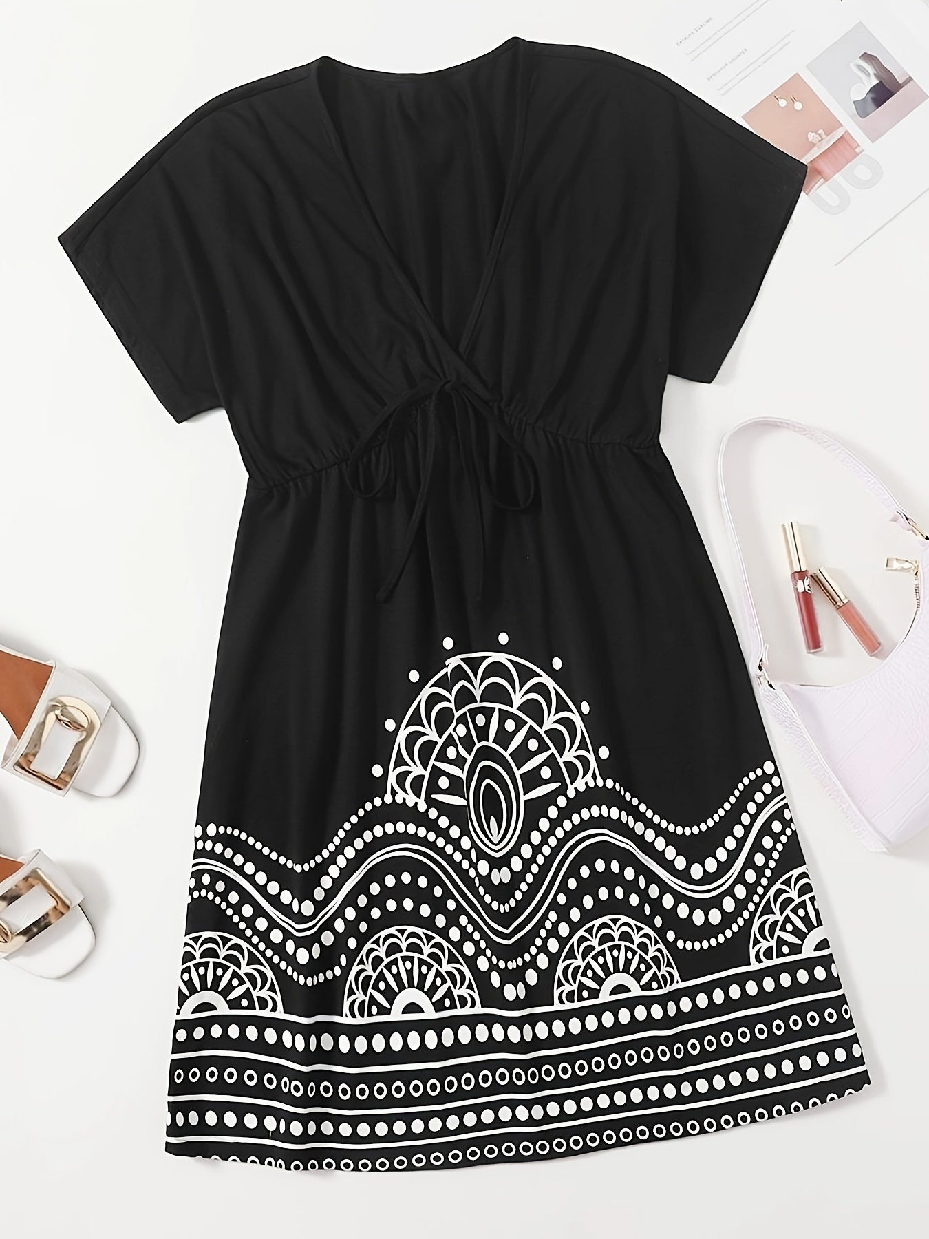 Women's Graphic Print Short Sleeve V Neck Knot Dress