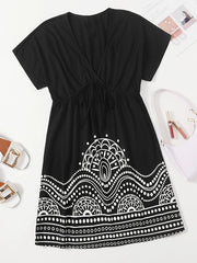Women's Graphic Print Short Sleeve V Neck Knot Dress