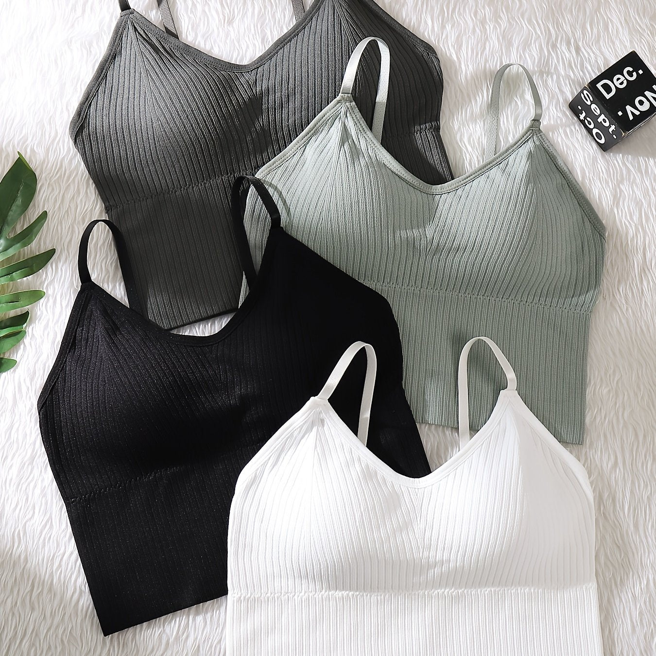4pcs Solid Ribbed Cami Tops V Neck Sports Top Women's Lingerie
