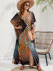 Boho Cover Up Plus Size Women's Batwing Sleeve V Neck Beach Cover Up Dress