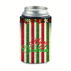 Colorful Vertical Stripes Neoprene Can Cooler - Merry Christmas Print