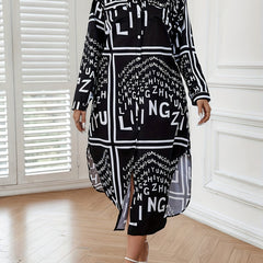 Shirt Women's Plus Letter & Stripe Print Long Sleeve Button Up