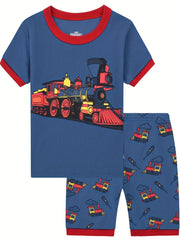 Boy's Train Graphic Print Pajamas T shirt & Shorts Set
