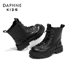 DAPHNE Girls Winter Fleece Boots Lace Up Leather Ankle Boots