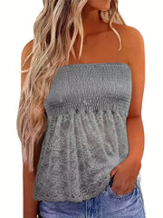 Solid Shirred Tube Top Off Shoulder Ruffle Sleeveless