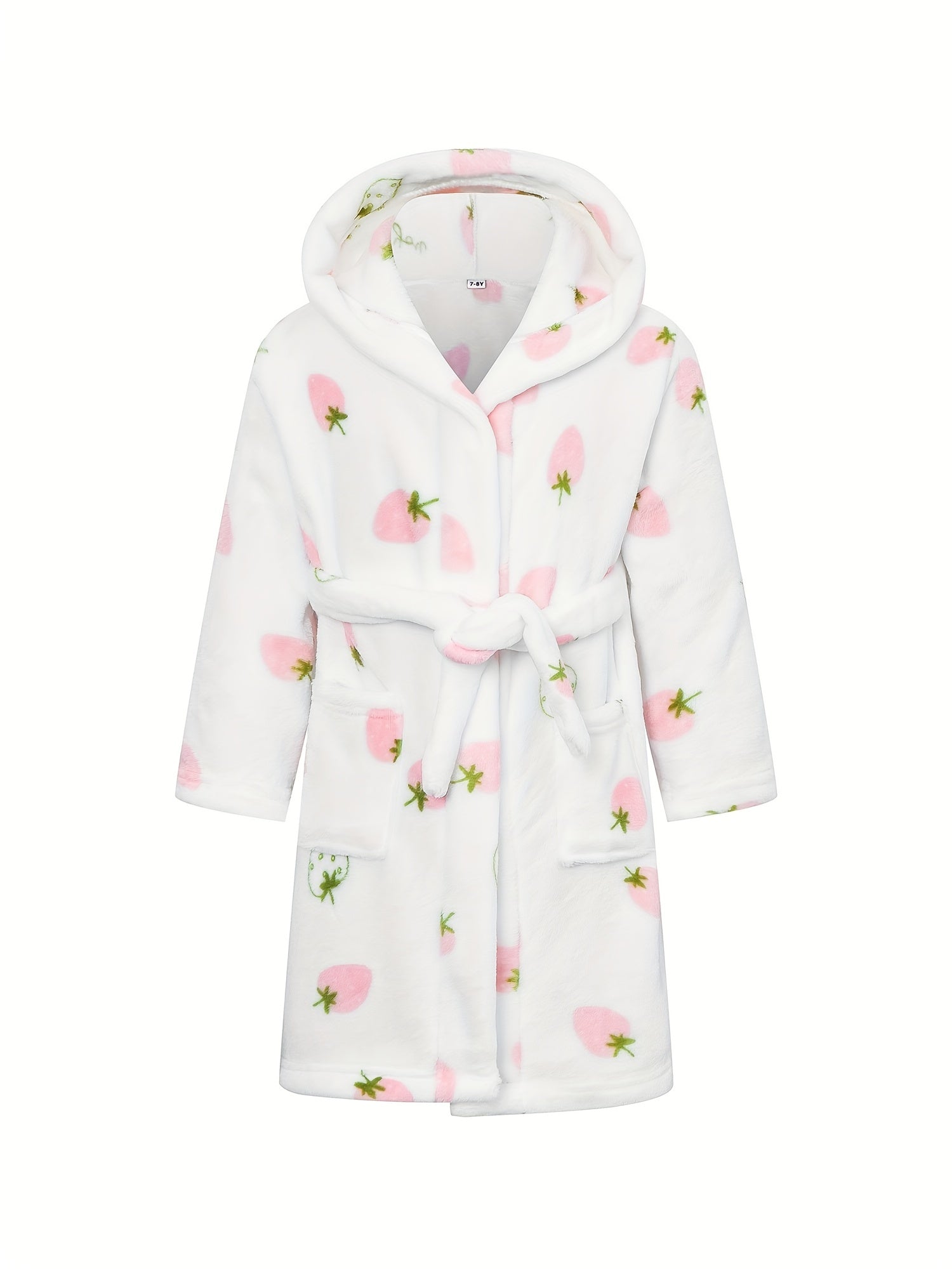 Girls Hooded Bathrobe Strawberry Pattern Flannel Soft Warm Pockets Belt Robe