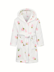 Girls Hooded Bathrobe Strawberry Pattern Flannel Soft Warm Pockets Belt Robe