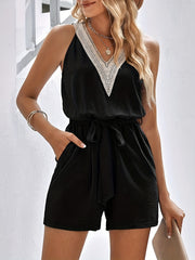 Guipure Lace Belted Romper Jumpsuit