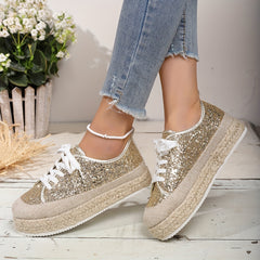 Women's Glitter Sequins Platform Sneakers Lace Up Espadrille Shoes