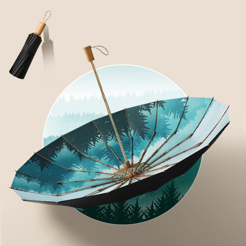 16 Bones Foldable Wood Handle Umbrella