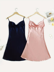Solid Satin Slip Nightdress V Neck Sleep Dress Women's Pajamas
