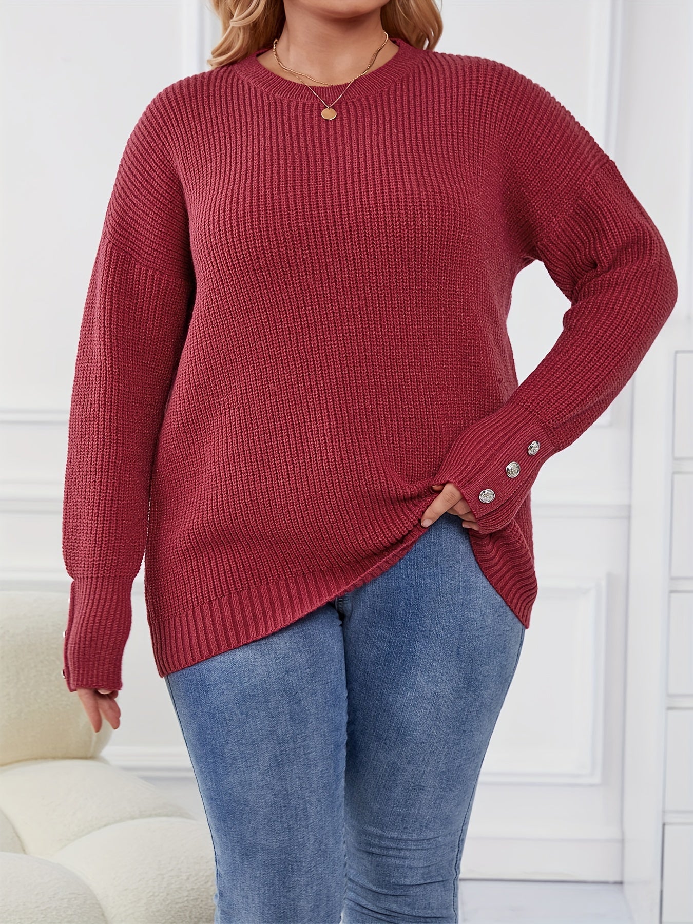 Casual Sweater Women's Button Long Sleeve Round Neck Jumper
