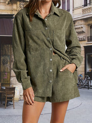 Plus Solid Long Sleeve Corduroy Shirt & Shorts Set