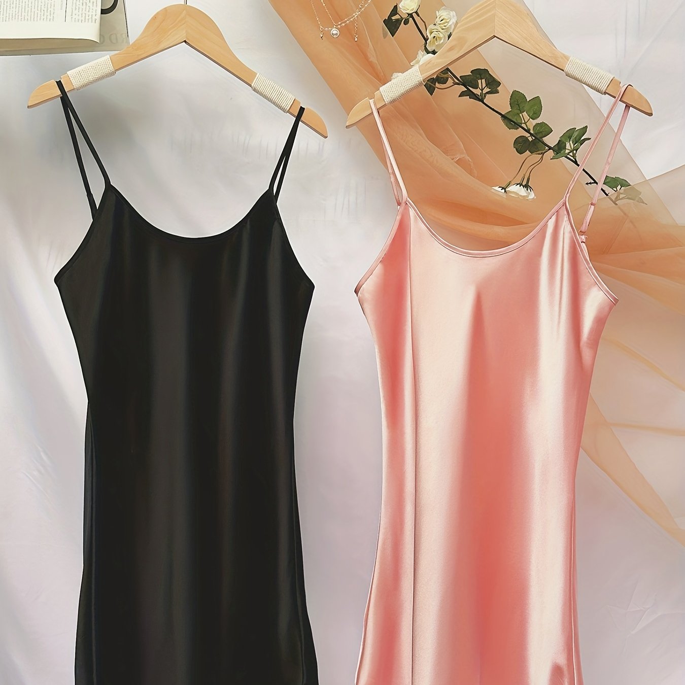 2pcs Satin Sleep Dresses Crew Neck Nightdress Women's Sleepwear