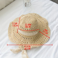 Hollow Crochet Bucket Hat Lace Ribbon Tie Wide Brim Straw Sun Hat
