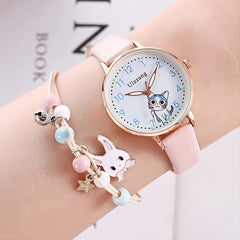 2pcs Girls Watch & Rabbit Pendant Bracelet Set Children's Gift