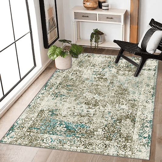 Large Vintage Green Washable Carpet Indoor Flower Printing Carpet