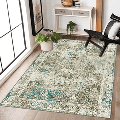 Large Vintage Green Washable Carpet Indoor Flower Printing Carpet
