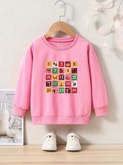 Girls Cartoon Number Pattern Crew Neck Sweatshirt