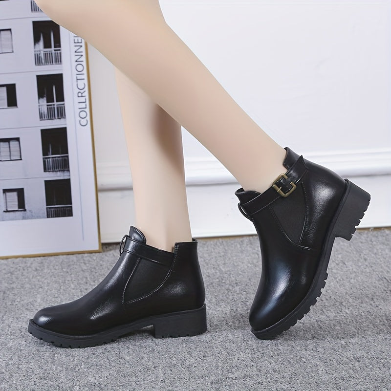 Women's Buckle Ankle Boots Round Toe Block Heel Shoes