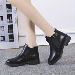 Women's Buckle Ankle Boots Round Toe Block Heel Shoes
