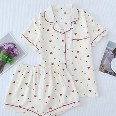 Heart Print Pajamas Set Short Sleeve Buttons Top & Shorts
