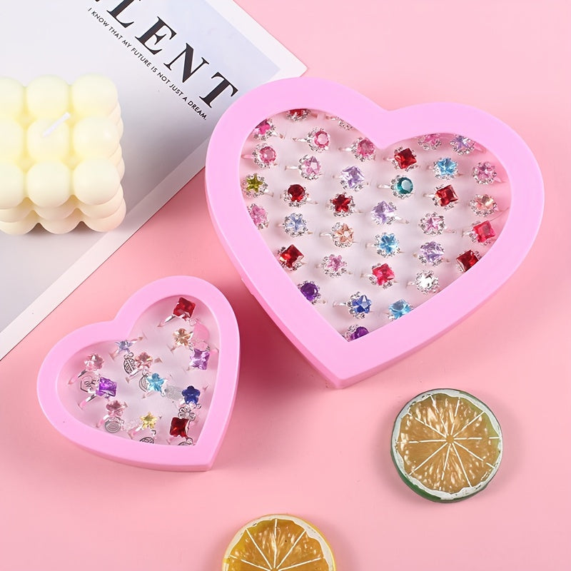 24pcs Girls Faux Gemstone Princess Rings w/ Heart Shaped Decorative Accessories