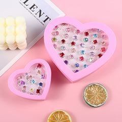 24pcs Girls Faux Gemstone Princess Rings w/ Heart Shaped Decorative Accessories