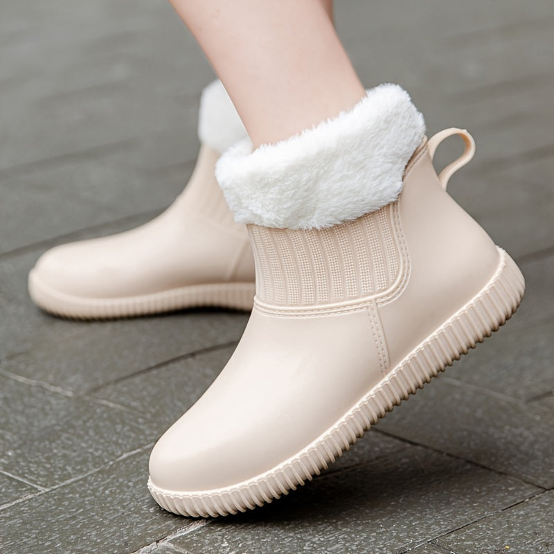Women's Plush Lined Ankle Rain Boots Waterproof Warm Slip On Shoes