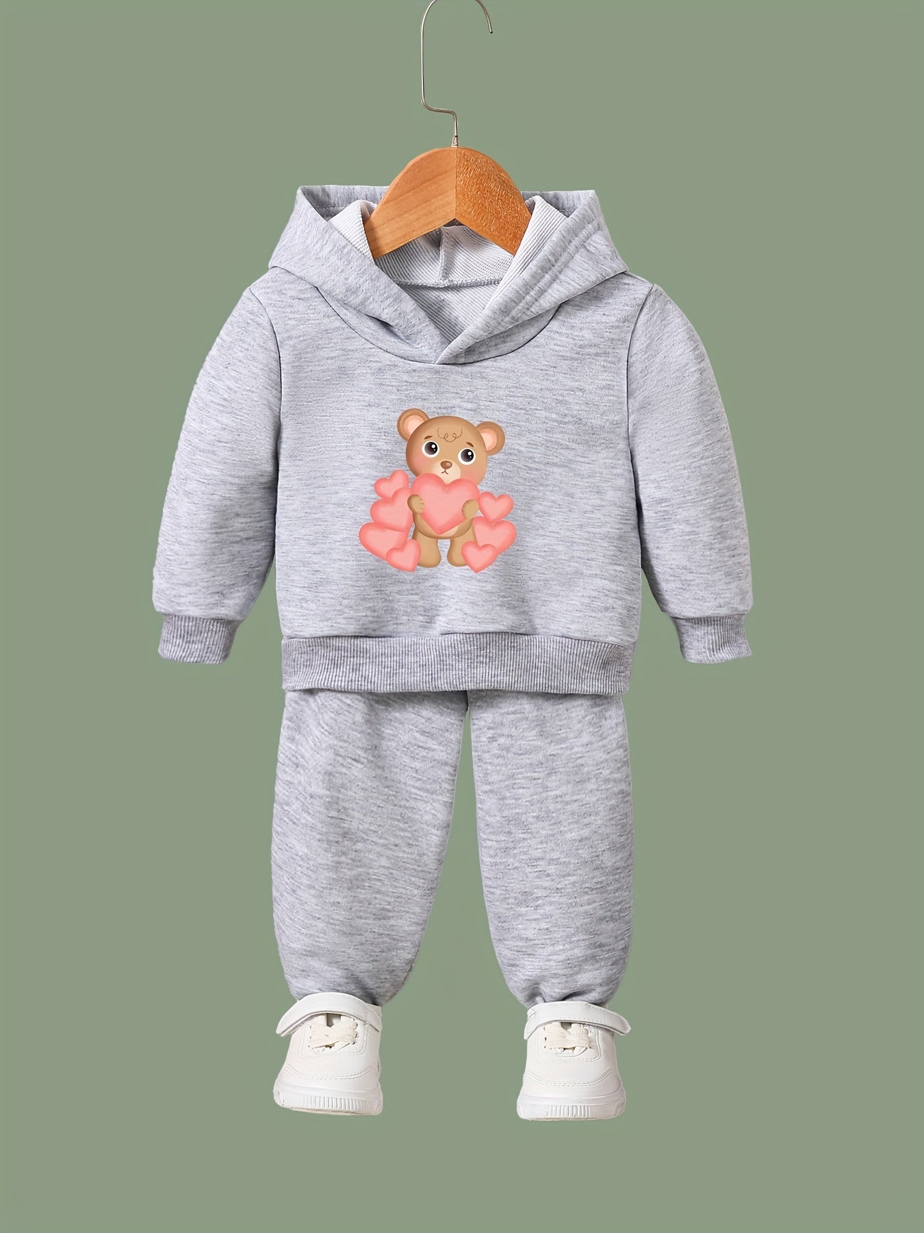 Heart Bear Print Hooded Pullover Pants Set for Kids